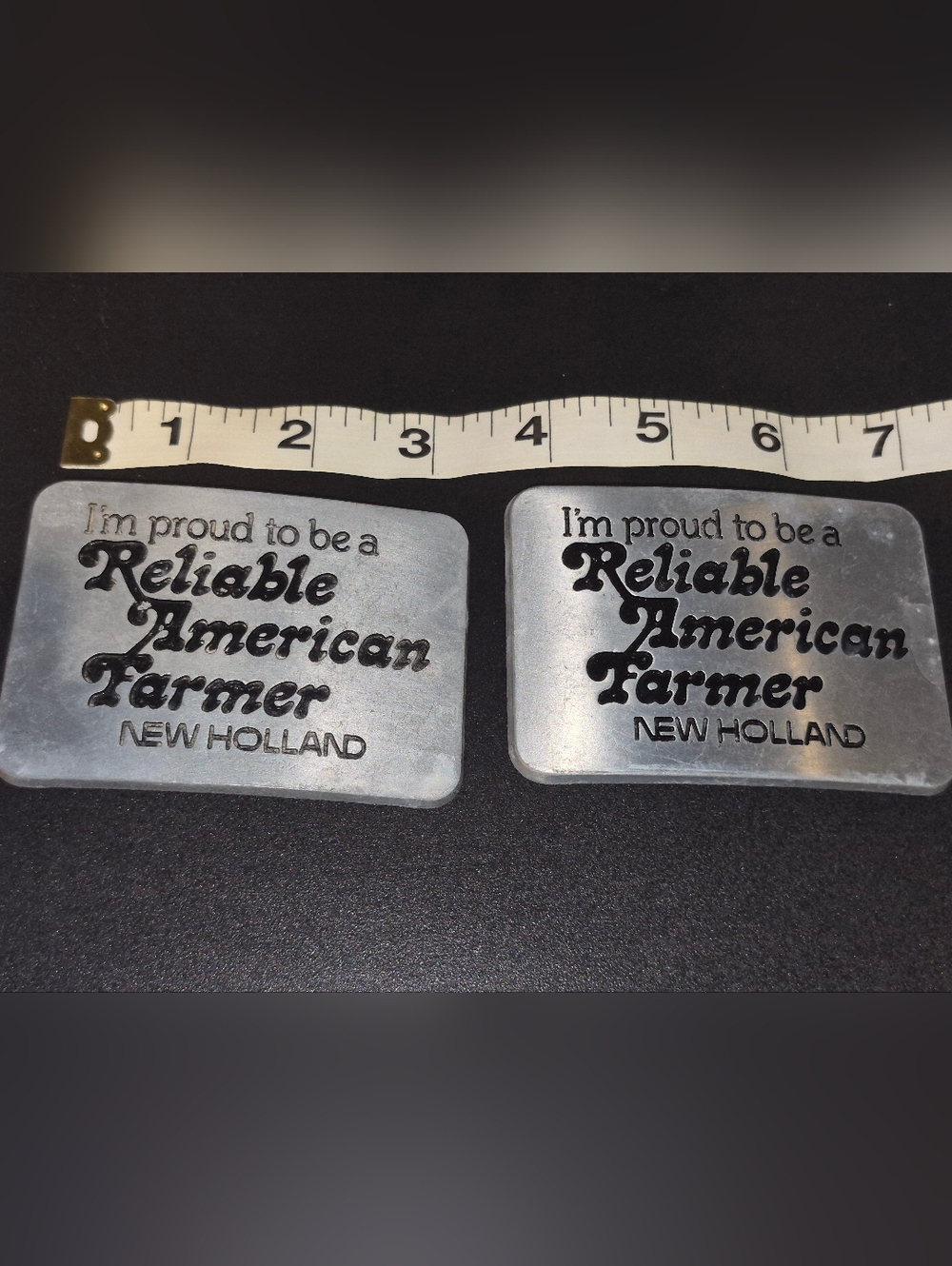 2 Vintage 1982 New Holland "Reliable American Farmer" Pewter Belt Buckles 3x2 View 2